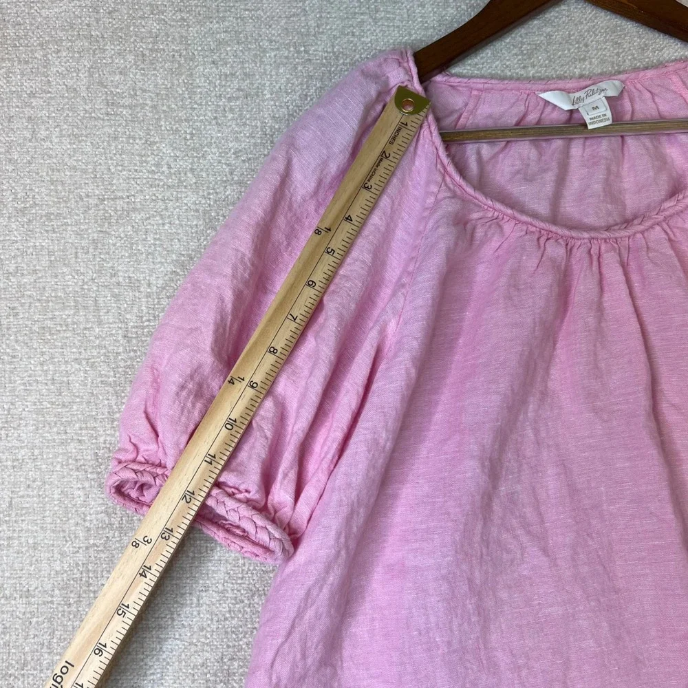 Lilly Pulitzer Pink 100% Linen Puff Sleeve Braided Trim Blouse Top Medium